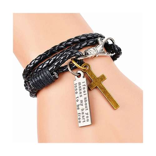 BLACK Leather & Cool Fashion Punk Multilayer Cuff Lettering & Cross BRACELET Best Deals in USA